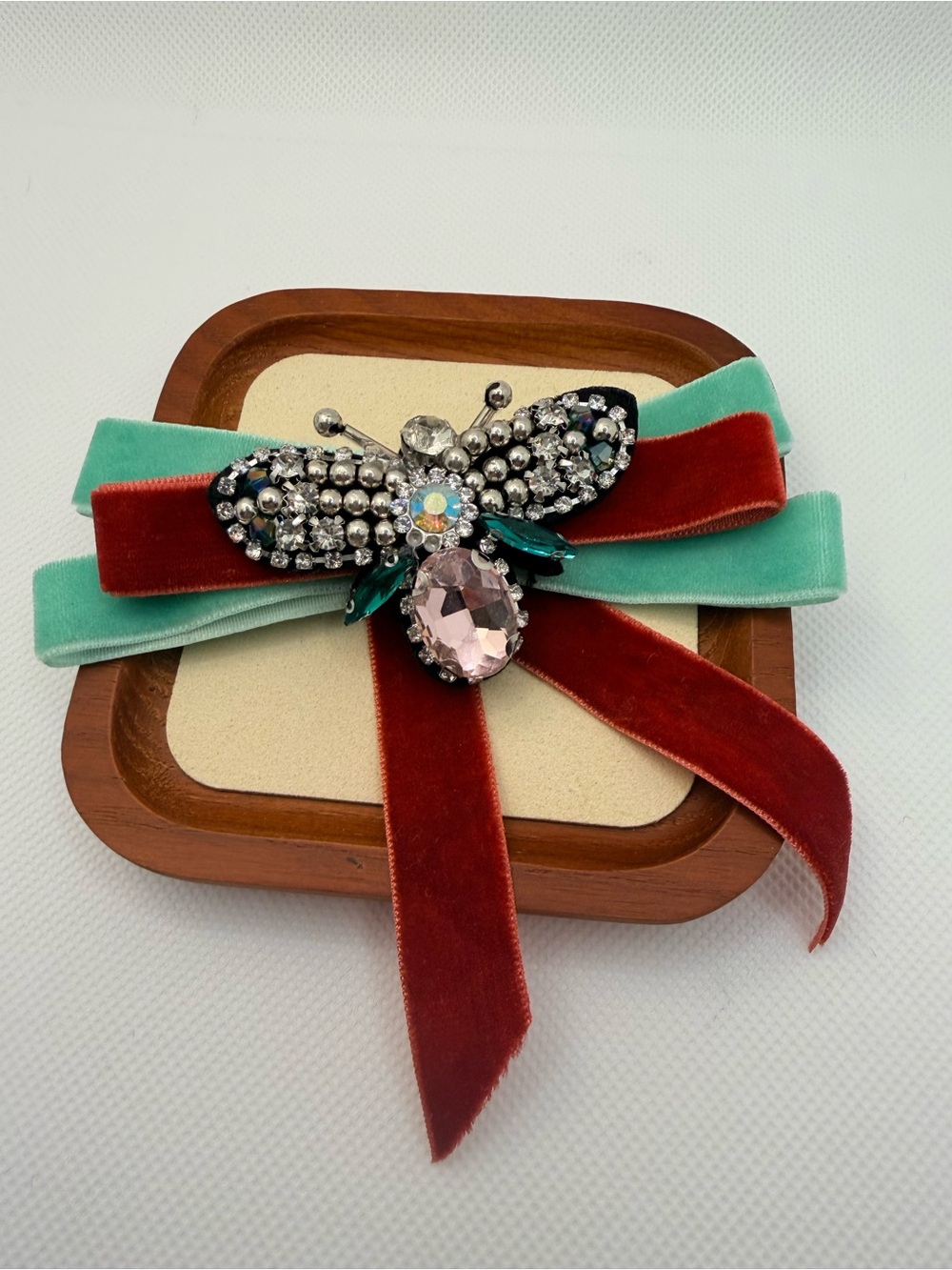 Handmade Velvet Ribbon Beaded Bee Brooch in Teal and Burgundy
